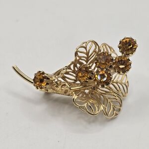 Vintage Gold Tone Amber Rhinestone Flower Brooch Bouquet  Prong Swirl Filigree